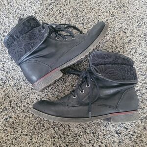 Rock & Candy Black Spraypaint Combat Lace Cuff Boots